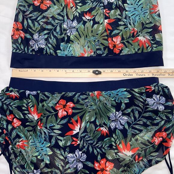Cacique Swim Tankini Plus Size 22W Navy Floral Racerback Tank Skort Ruching Pool - Picture 3 of 15